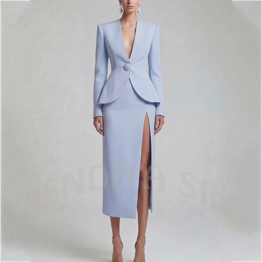Modern Women's Suit Deep V-Nek Peplum Blazer with Padded Shoulder High Slit Midi Skirt Tailored Slim Fit Office Business Outfit