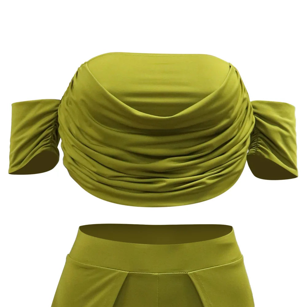 CM.YAYA Women's Set Short Sleeve Slash Neck Ruched Tops and Wide Leg split Pants 2024 Street Two 2 Piece Sets Outfit Tracksuits