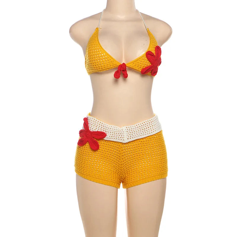 Joskaa 3D Flower Knit Beach Style 2 Piece Sets Women Sexy Halter Bra and Patchwork Shorts Matching 2025 Summer Holiday Outfits