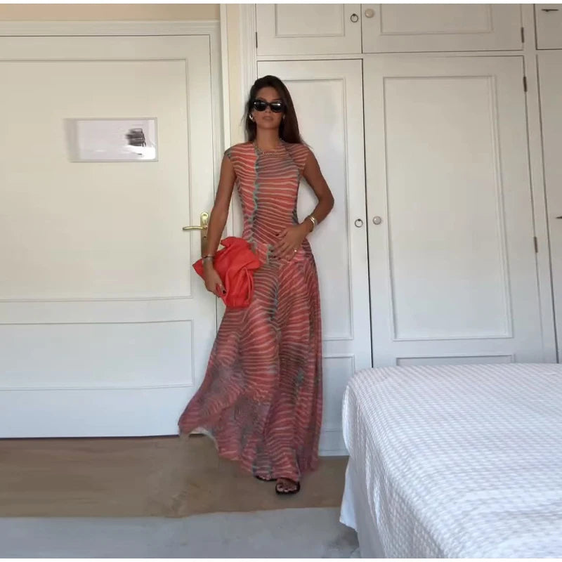 Chic Printed Contrast Women's Skirt Suit Sexy O-neck See Through Sleeveless Bodysuit High Waist Skirts Female 2025 Summer Outfit