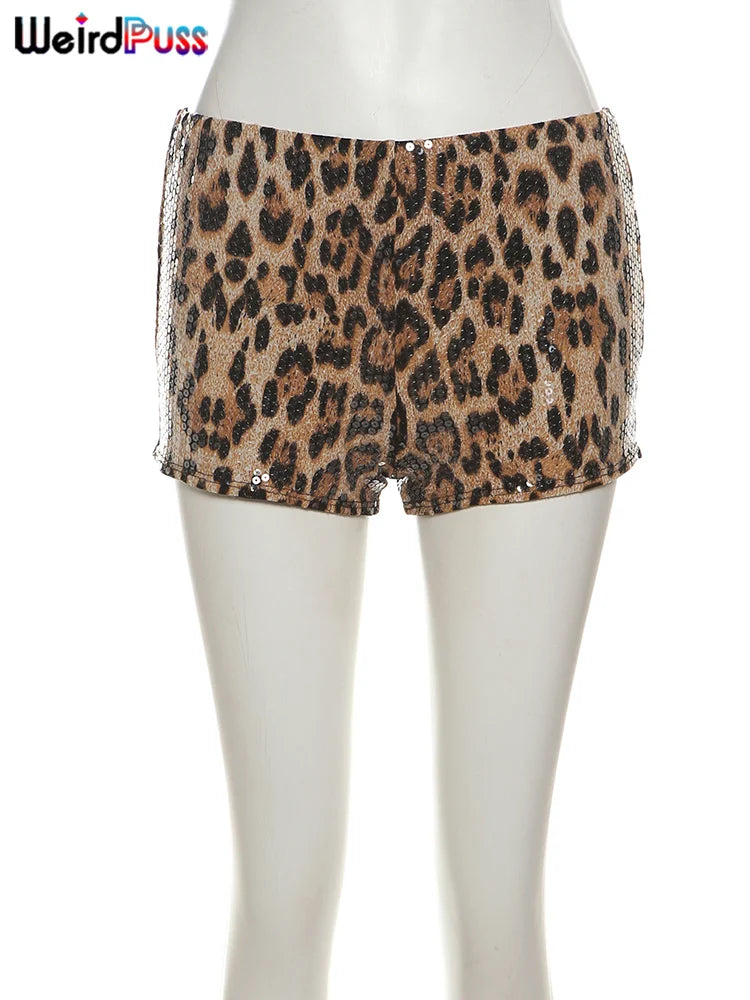 Weird Puss Leopard Print Mini Shorts Women Sequins Patchwork Wild Skinny Stretch Streetwear Autumn Midnight Sexy Trend Buttoms