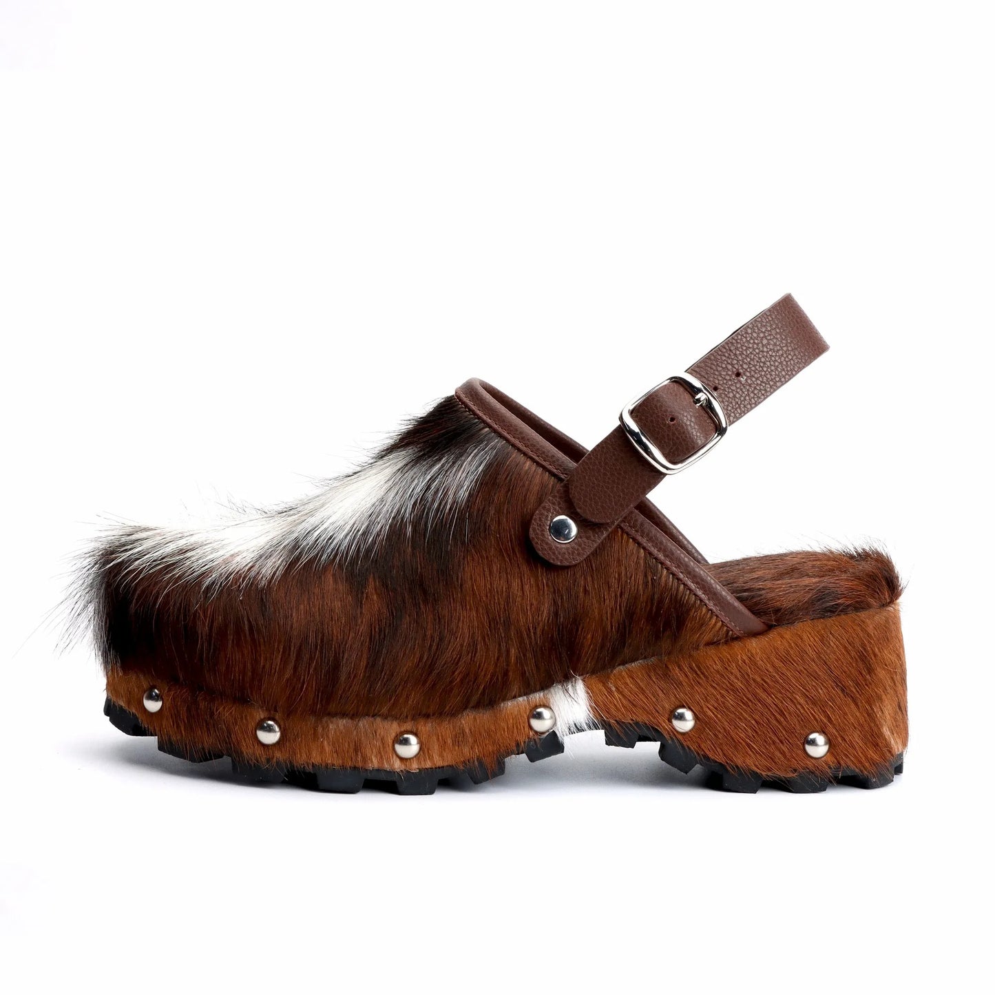 Women's Platform Fur Clogs with Arch Support, Adjustable Strap, Natural Calf Hair Mules,Studded Cowboy Style Vintage Sandals
