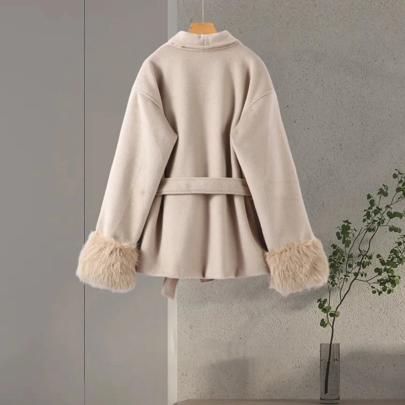 Plush Cuffs Belt Women 's Coats Elegant Lapel Faux Fur Sleeve Twist Open Coat Female 2025 Autumn Winter Fashion Lady Streetwears