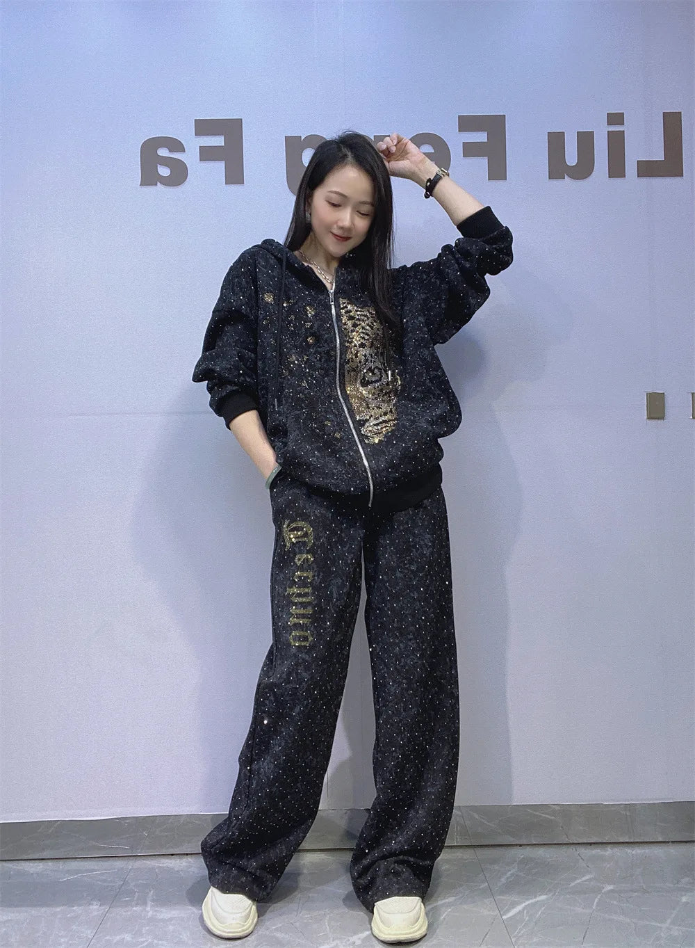 2025 Autumn Tie-dye Zipper Hooded 2 Piece Sets Woman Casual Sequins Oversized Straight Pant Sets Vestidos Sportsuits Bust 130cm