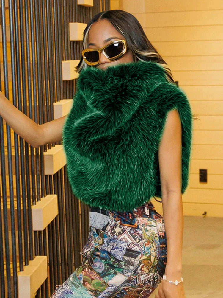 Weird Puss Turtleneck Furry Tank Tops Women Y2K Sexy Side Split Chic Fall Trend Midnight Basic Street Furs Hipster Clubwear Vest