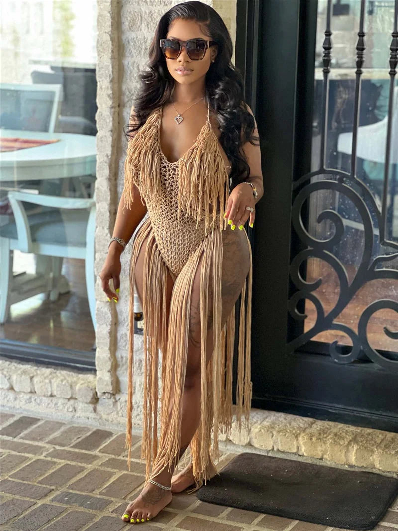 Sexy Crochet Knitted Beach Summer Dress Women Halter V-neck Tassel Backless Maxi Dress Vacation Sheer Long Dresses Swimsuit 2022