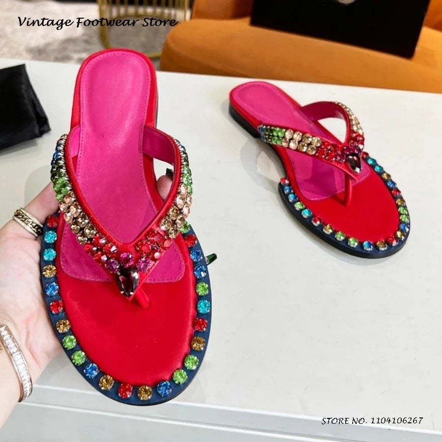 Colorful Crystal Embellished Flat Flip Flops for Women