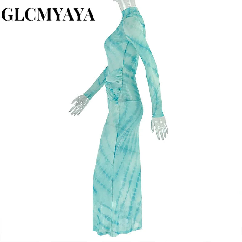 CM.YAYA Women Tie Dye Printed O-neck Bodycon Midi Maxi Long Dress 2025 Summer Holiday Birthday Sexy Club Party Evening Dresses