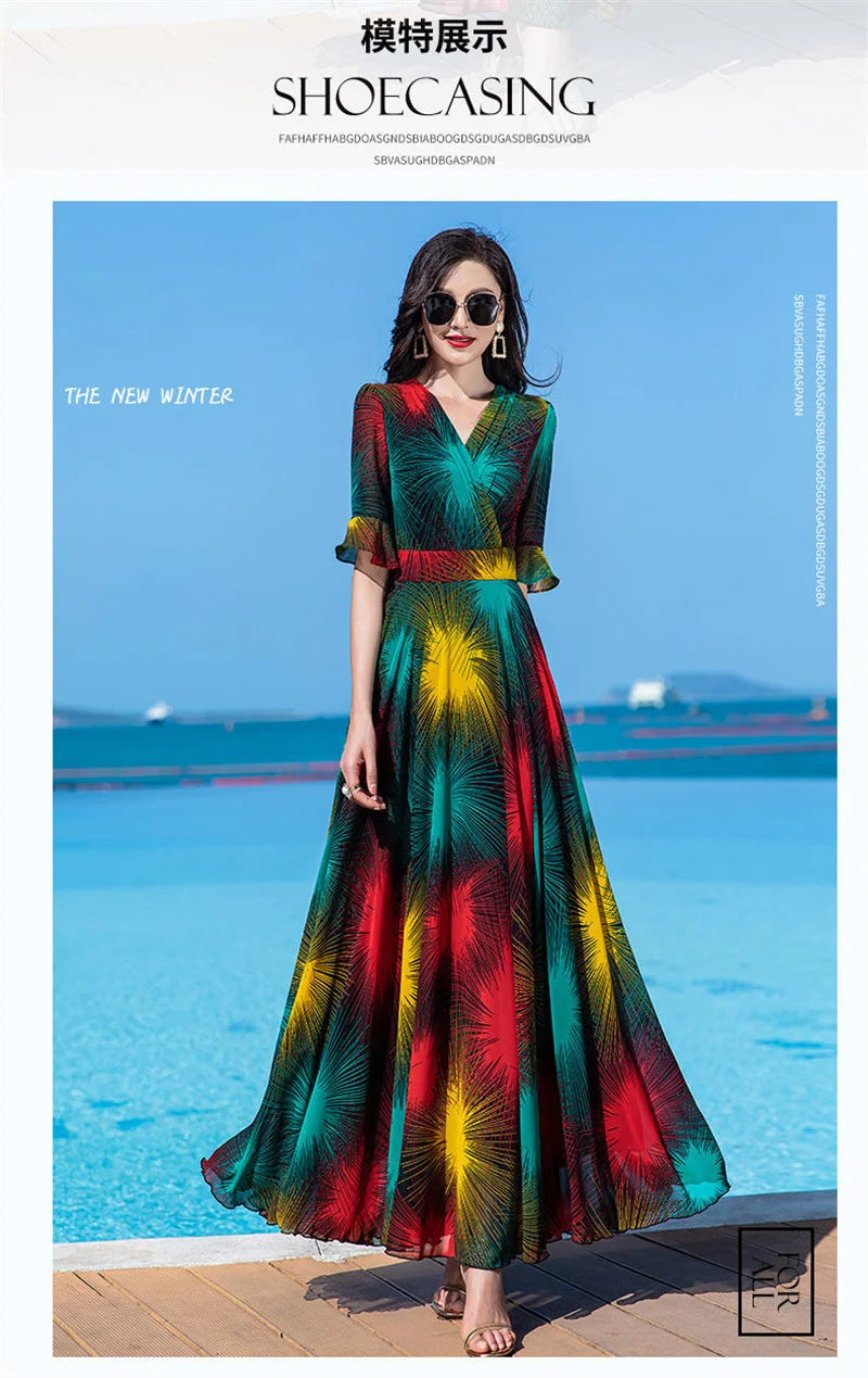 Floral Dress 4XL Women's 2025 Summer Chiffon V-Neck Dress High end Style Celebrity Splice A-line Skirt for Women Elegant Mujer