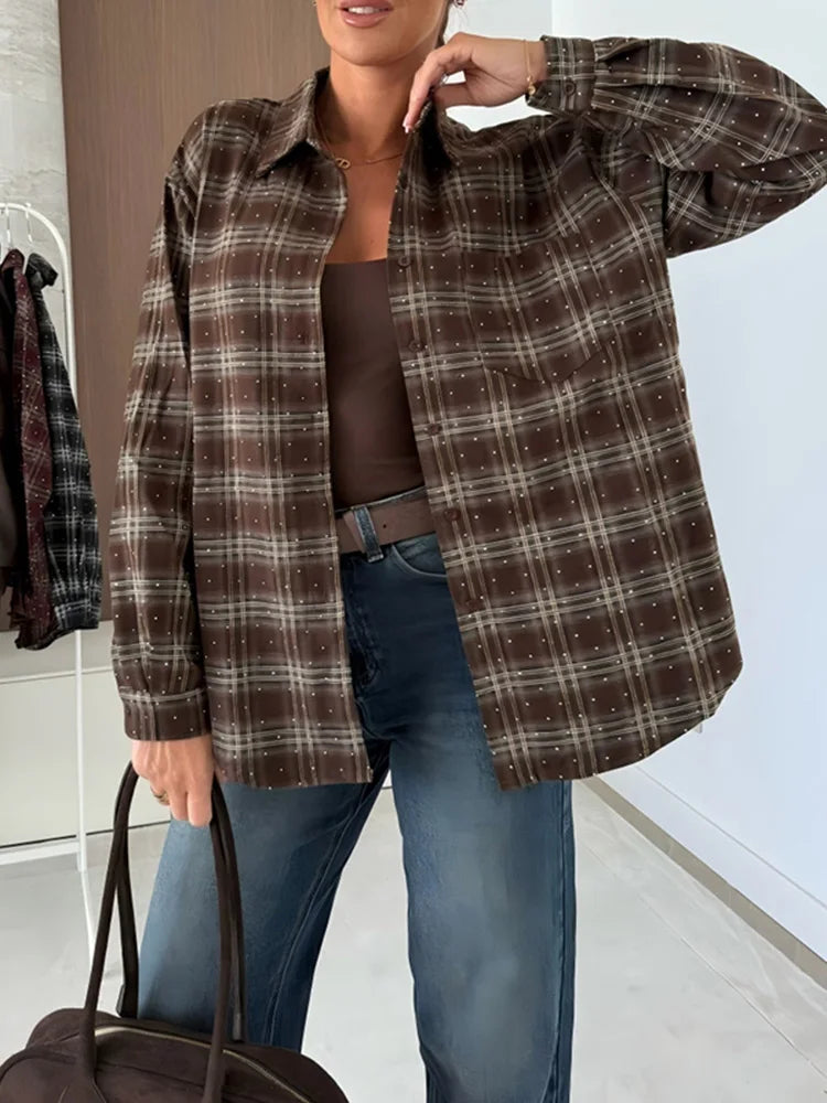 Fashion New Women's Lapel Pocket Coat Vintage Plaid Printed Long Sleeved Shirt Casual Street Wear Single Breasted Office T-shirt