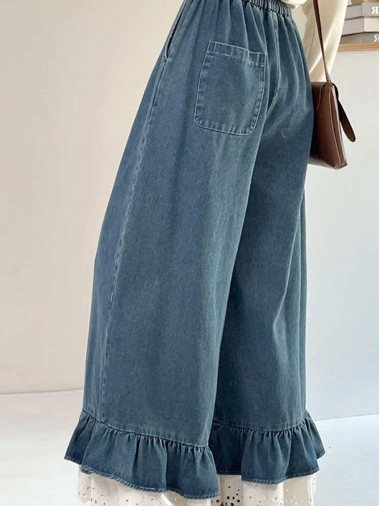 Relaxed Fit Elastic Waist Wide Leg Denim Jeans For Women