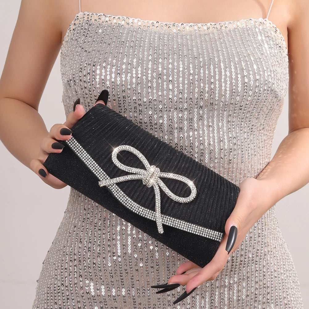 Women Evening Bag Bow Shoulder Bag Glitter Rhinestone Hobo Bag Adjustable Strap Wedding Party Purse