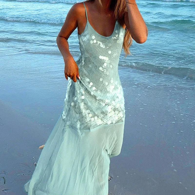 Beach O Neck Pleated Women's Long Dress New Sexy Mermaid Solid Camisole Dress Shiny Sequins Hollowed Out Sleeveless Party Dress