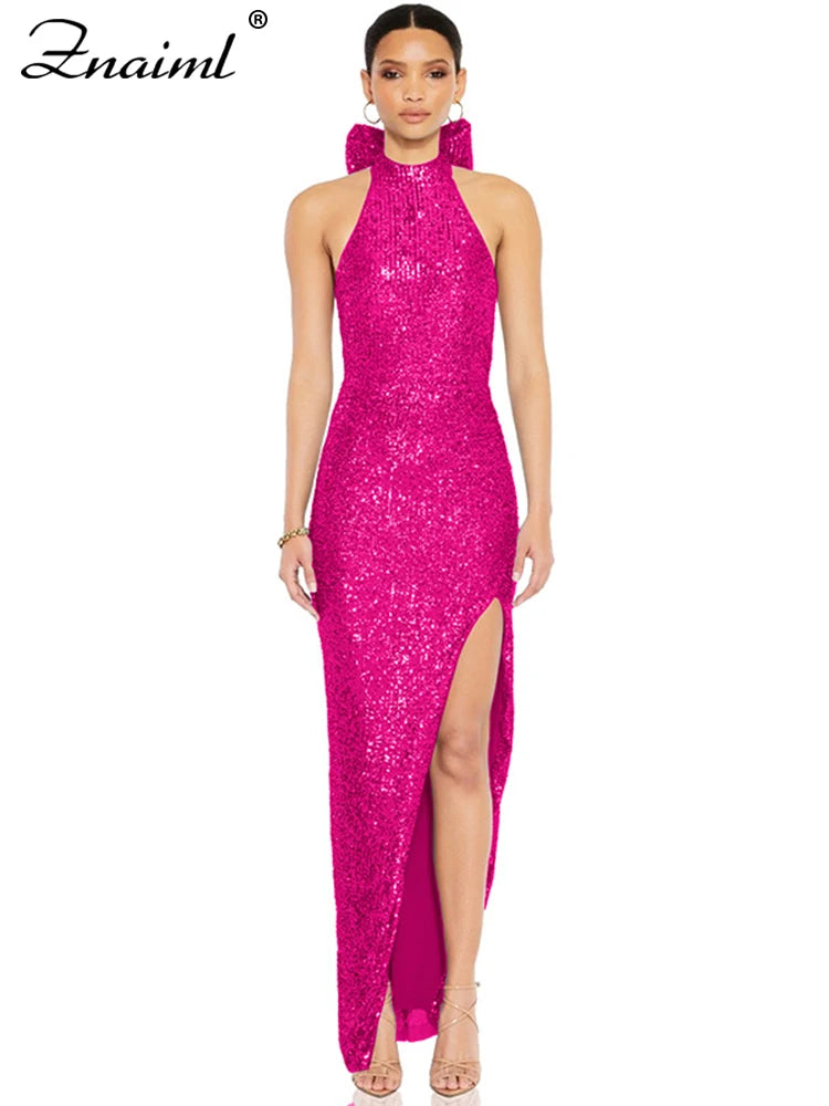 Znaiml Elegant Luxury Sequin Halter Big Bow Backless Long Dresses Women Sleeveless High Split Birthday Evening Wedding Vestidos