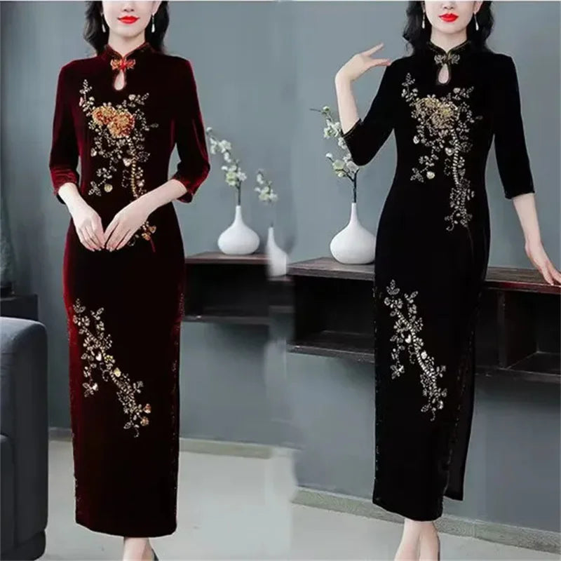 Spring Autumn Women New Embroidered Gold Velvet Cheongsam High-end Temperament Fashionable Wedding Dress Slim Bag Hip Slit Skirt