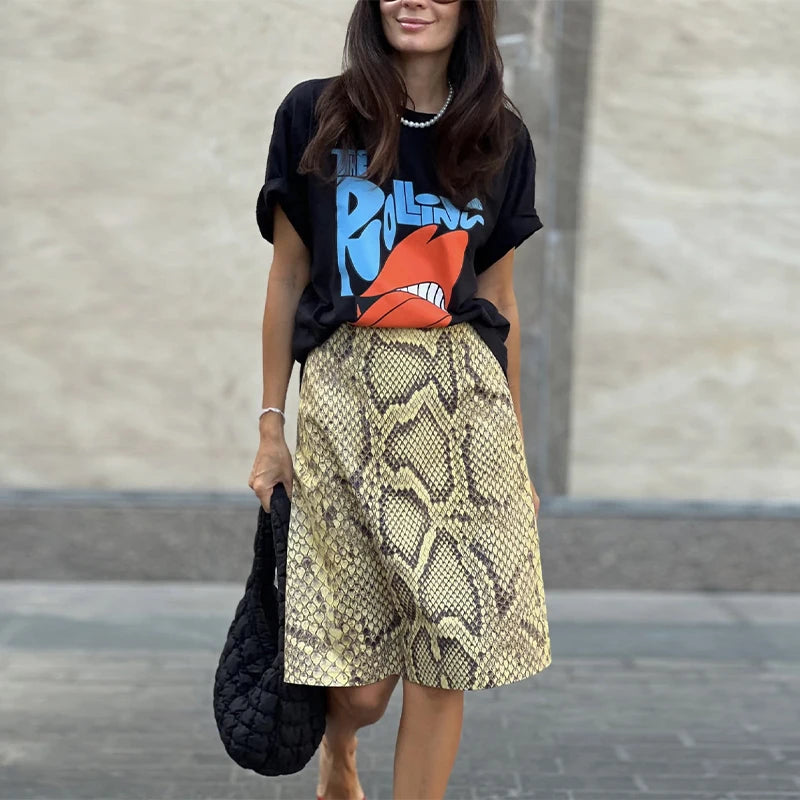Fashion Ladies Half Skirt Snake Print High Waist Elastic Waist Loose Skirt Light Luxury Dress Versatile Summer Casual Skirts