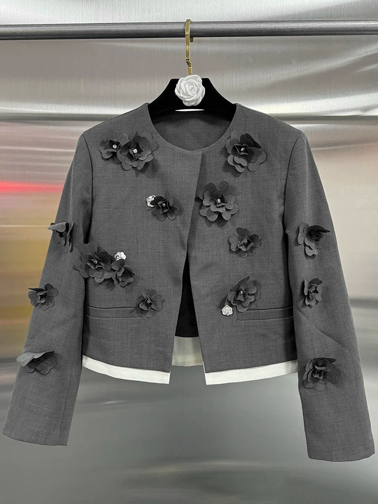 VGH Spliced Appliques Two Piece Sets For Women Round Neck Long Sleeve Coats High Waist A Line Skirts Elegant Slim Set Female New