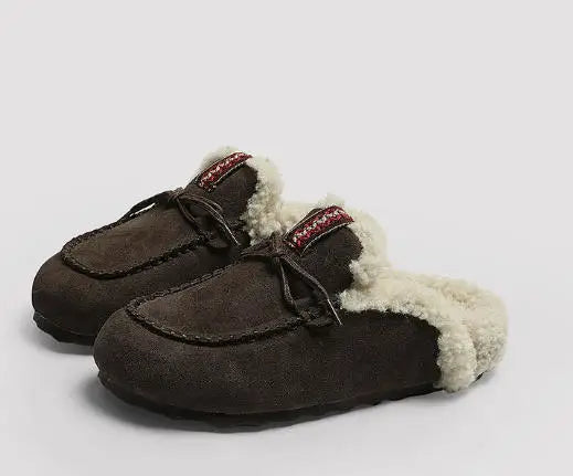 Sheepskin Fluffy Closed Toe Slippers Women Mules Shoes Warm Lace Up Indoor and Outdoor Cotton Shoes Female Winter Fashion