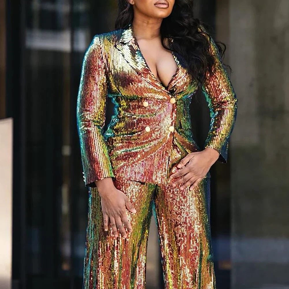 Plus Size Women's Semi Formal Sets Gold Sequin Long Sleeve Lapel Wide Leg Two Piece Pant Set 2025