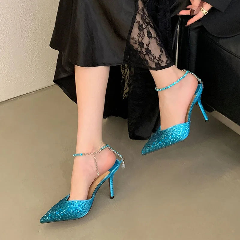 Fashion Luxury Rhinestones Ladies High Heels Shoes Bling Female Pointed Toe Footwear Ankle Buckle Women Thin Heels Shoes Pumps
