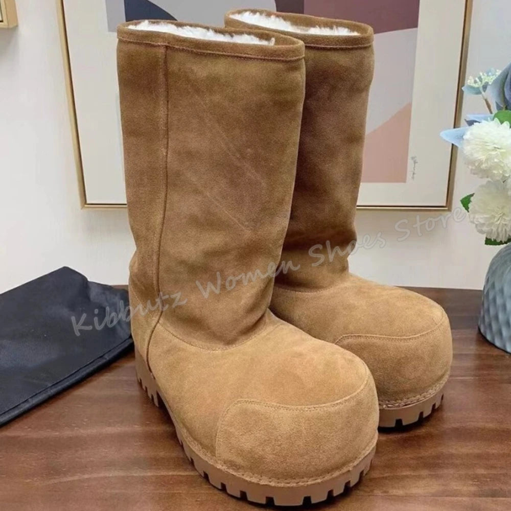 Suede Warm Winter Snow Boots Knee High Big Round Toe Flat With Outdoor Fashion Concise Luxury Sexy Novelty Slip-On Shoes Newest