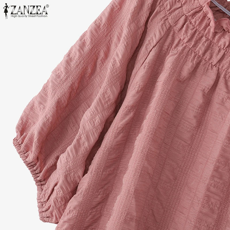 ZANZEA Women Blouse Summer Tops Solid Color Puff Sleeve2025 O Neck Tunic Female Shirts Loose Casual OL Work Blusas Oversized