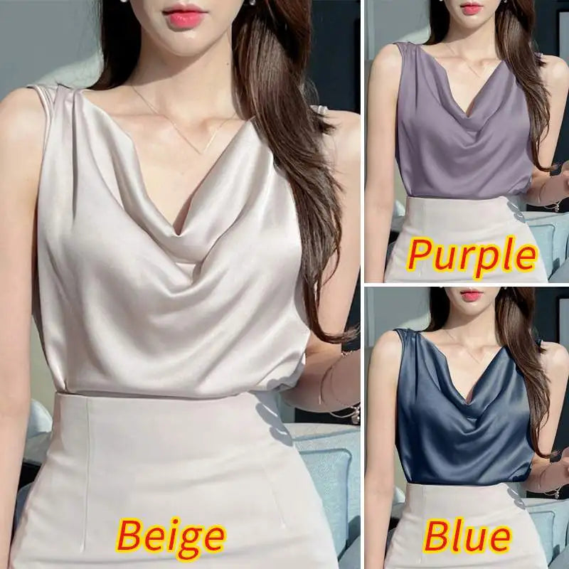 ZANZEA Women Satin Tank Tops Elegant Cowl Neck Sleeveless Blouse Korean Fashion Silk Solid Color Tanks Office Lady Sexy Camisole