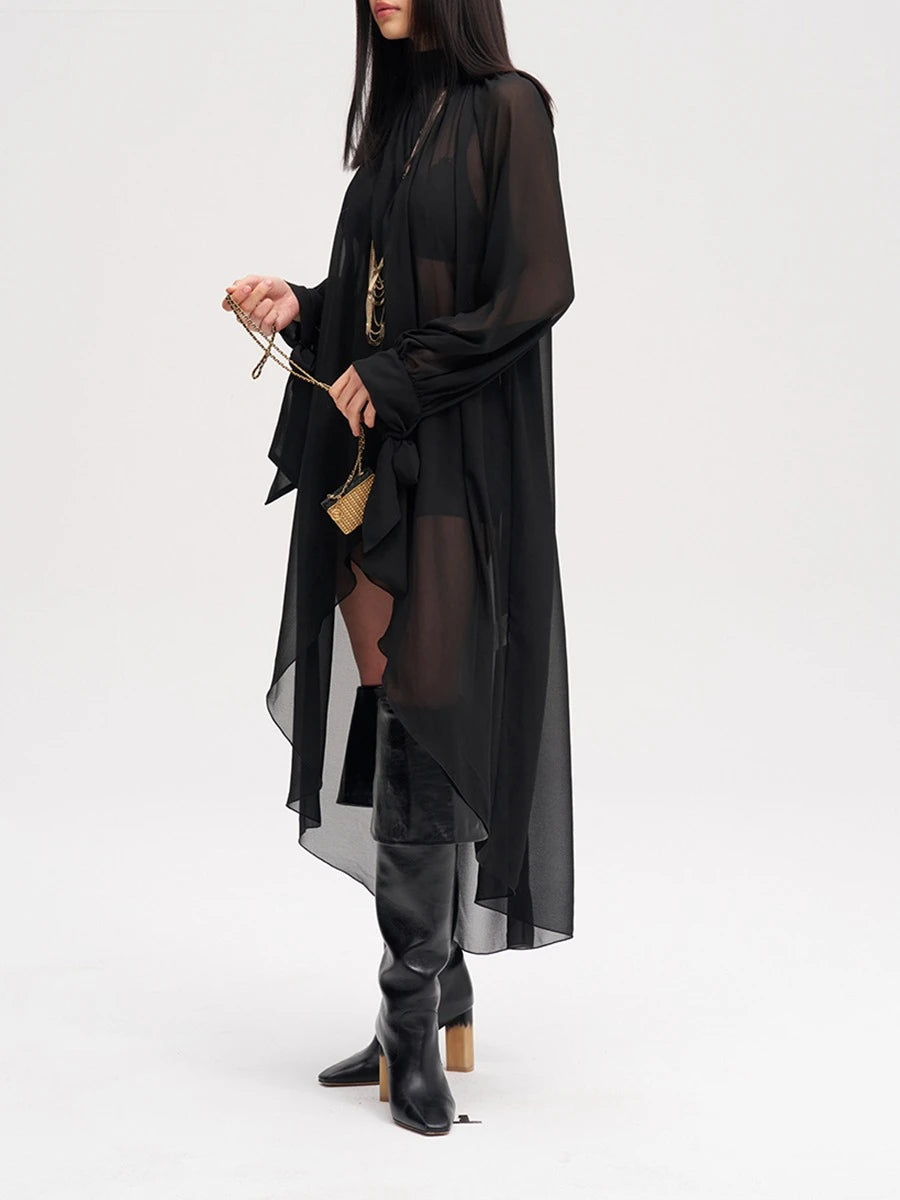 TWOTWINSTYLE Solid Loose Sheer Spliced Folds Fashion Blouses for Women High Neck Long Sleeves Irregular Blouse Female Clothing