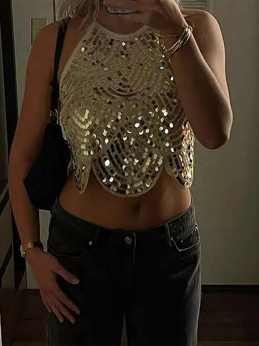hirigin Womens Halter Sequin Tank Top Backless Tie Up Sexy Sparkly Crop Top Sleeveless Glitter Party Tops Sexy Clubwear