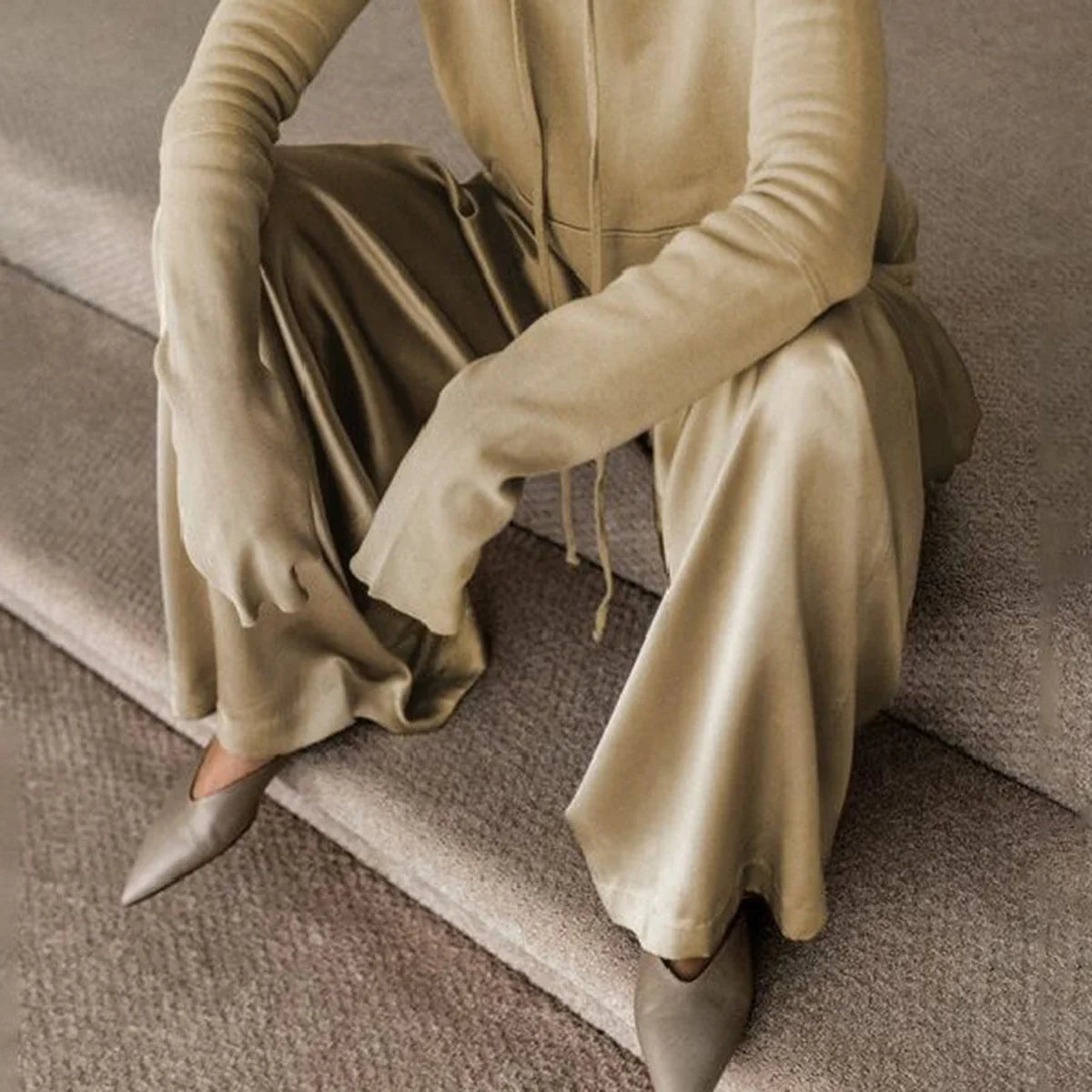 2025 Autumn Fashion Suit for Women Drawstring Hooded Sweatshirt and High Waist Wide Leg Pants Casual Pant Sets