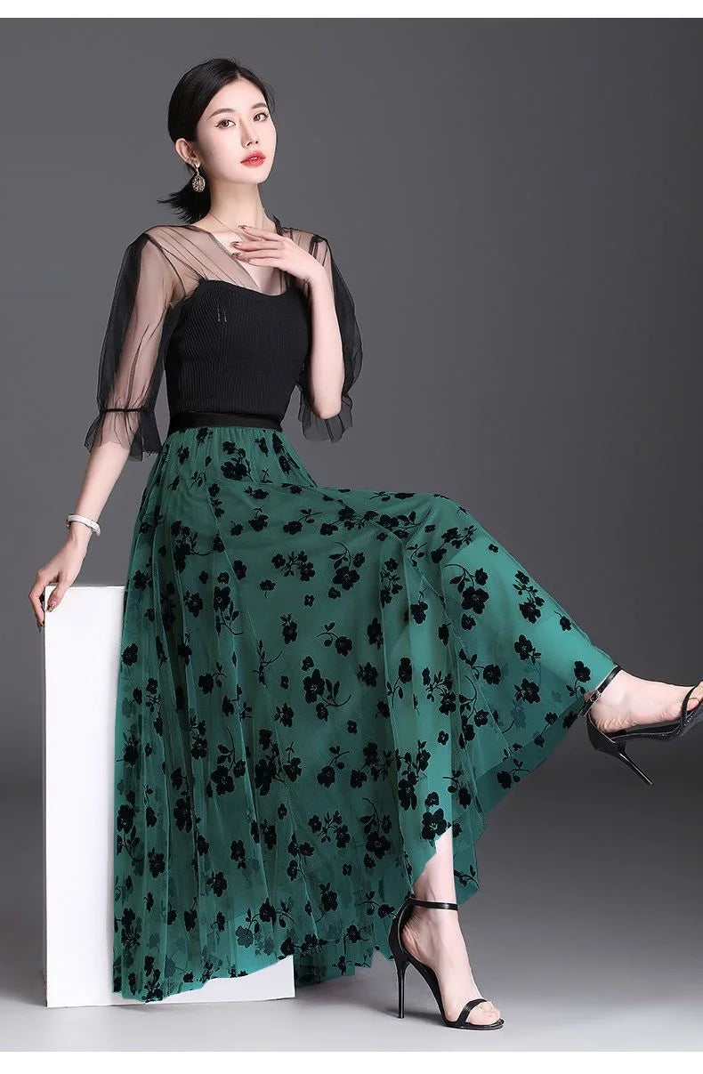 Flocking Floral Pirnted Long Mesh Skirt for Women, High Waist, Max Pleated Tutu, Tulle Skirt, Gauze Skirt, Female, 2025