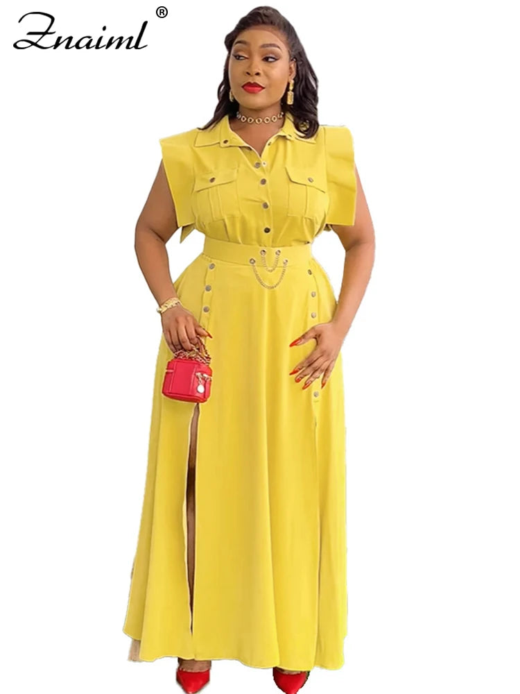 Znaiml Summer Birthday Party Evening 2 Piece Dress Set Women Sleeveless Shirt and Cargo Split Long Skirts Suit Vacation Outfits