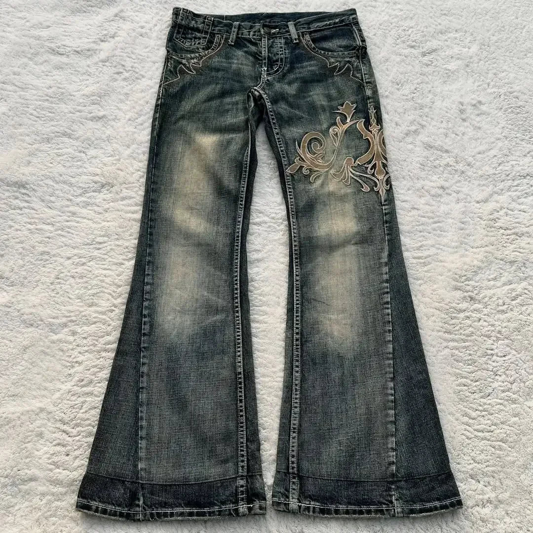 Retro Shallow Water Washing High-bright Lines Thorn Art Embroidery Pattern Y2K Blue Jeans Women's Personalized Micro-flare Pants