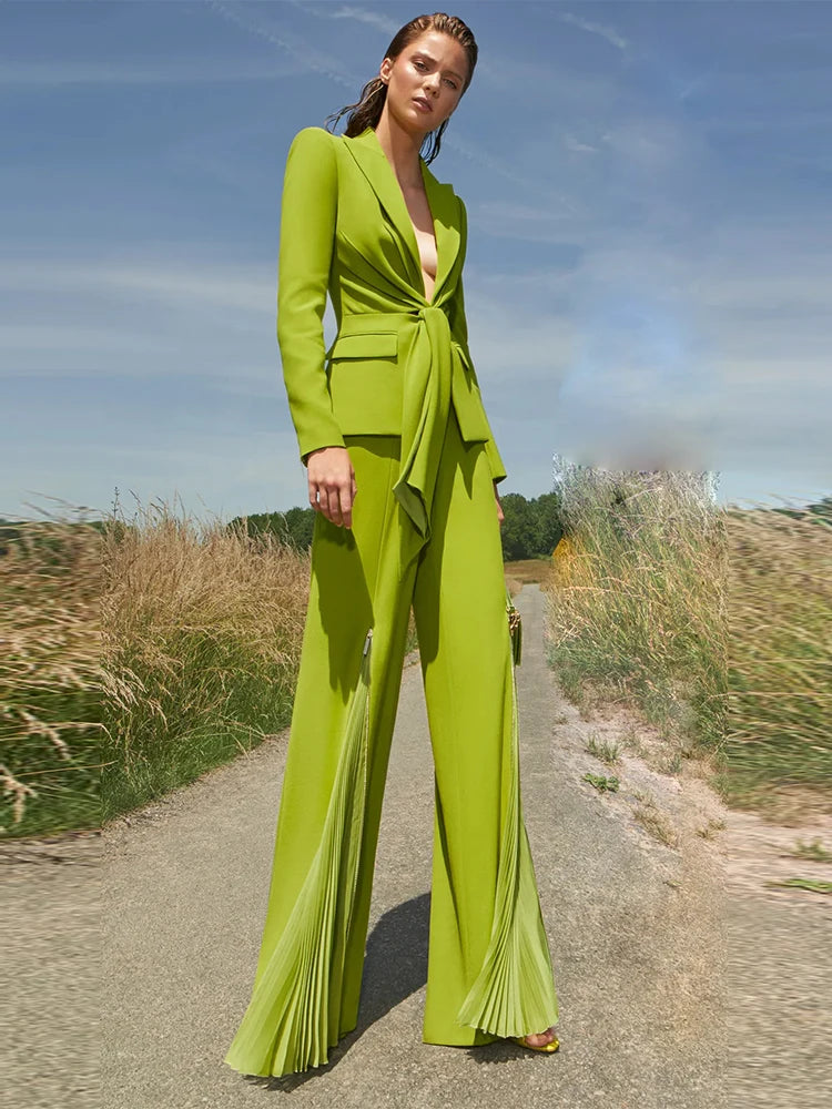HIGH STREET Newest 2025 Designer Runway Suit Set Women's Lacing Belt Blazer Pleated Zip Pants Set 2pcs Set
