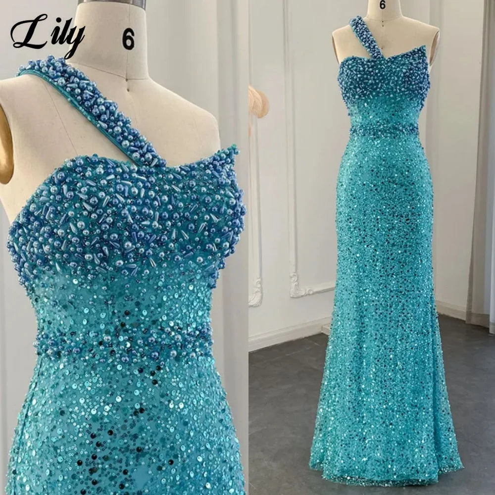 Lily Blue Gorgeous Rhinestones Prom Dresses One Shoulder Sleeveless Evening Dress Pearls Sequins Mermaid Party Gowns Customized