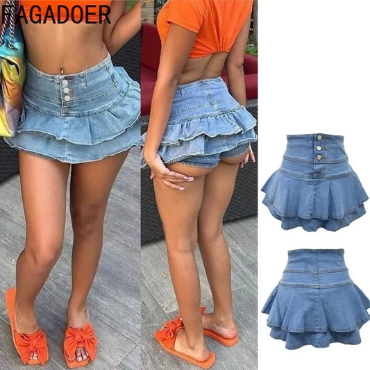 FAGADOER Fashion Ruched Patchwork Bodycon Denim Pleated Skirt Woman Solid Color Buttons Jeans Skirts Female Streetwear Bottoms