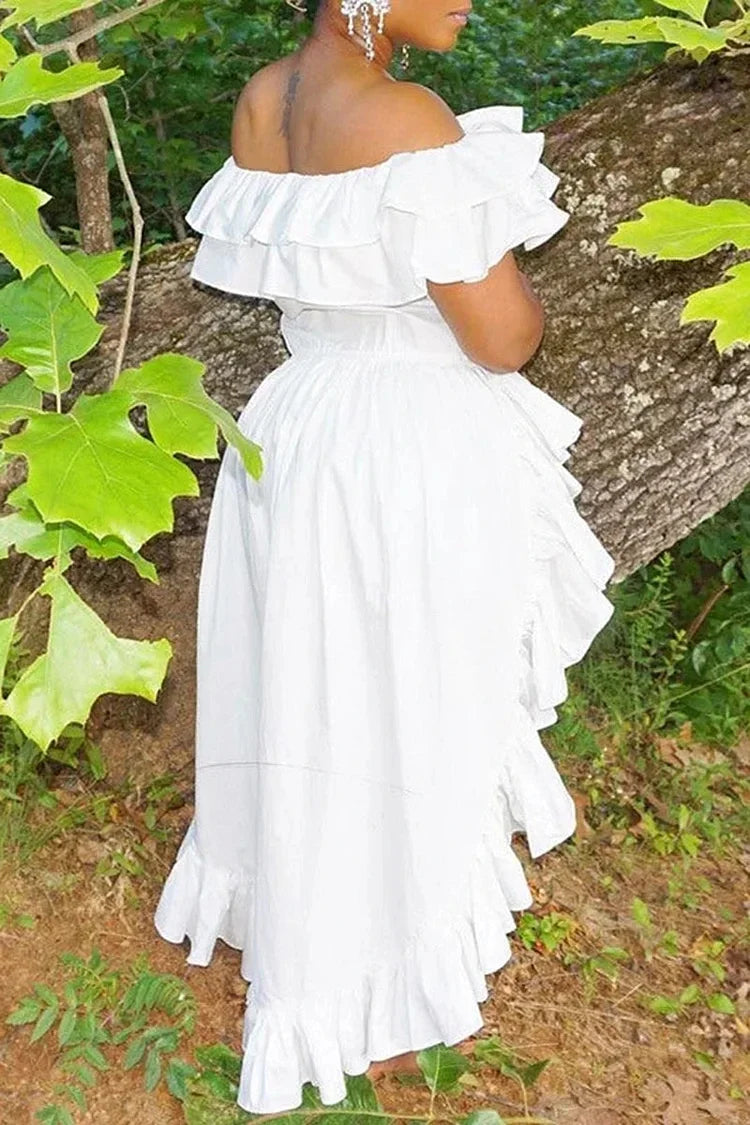 Plus Size Women's Summer Dress White Ruffle Irregular Off Shoulder High Low Mini Dresses