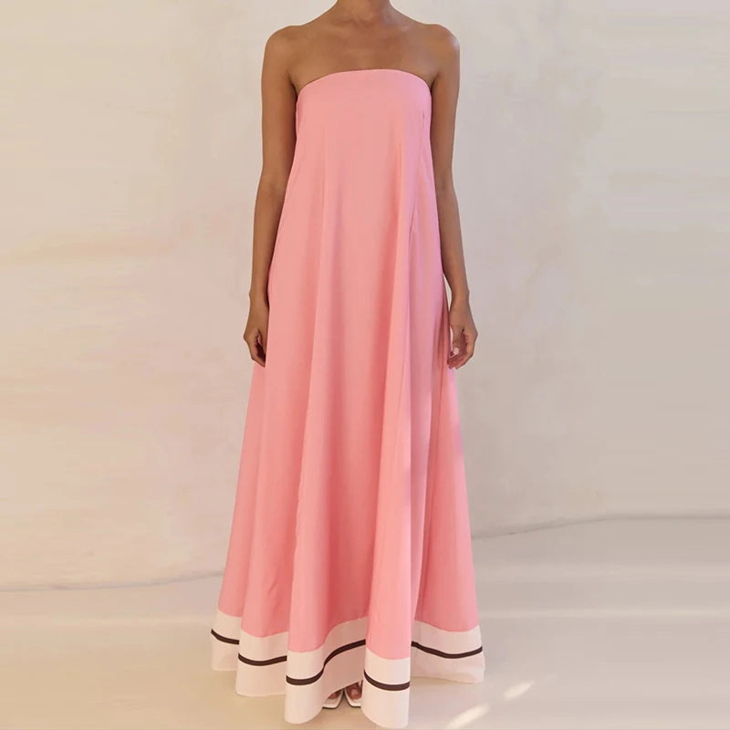 Casual Off Shoulder High Waist Loose Long Dress Backless Printed Holiday Women Dresses Summer Sexy Strapless Pleated Beach Dress