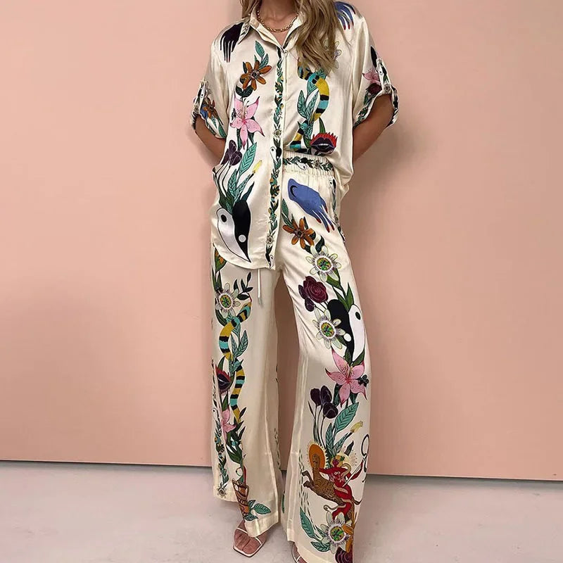 Long Sleeve Long Pant Sets Women Retro Lapel Single Breasted Blouses Trousers 2 Piece Set Printed Color-blocking Elastic Waist