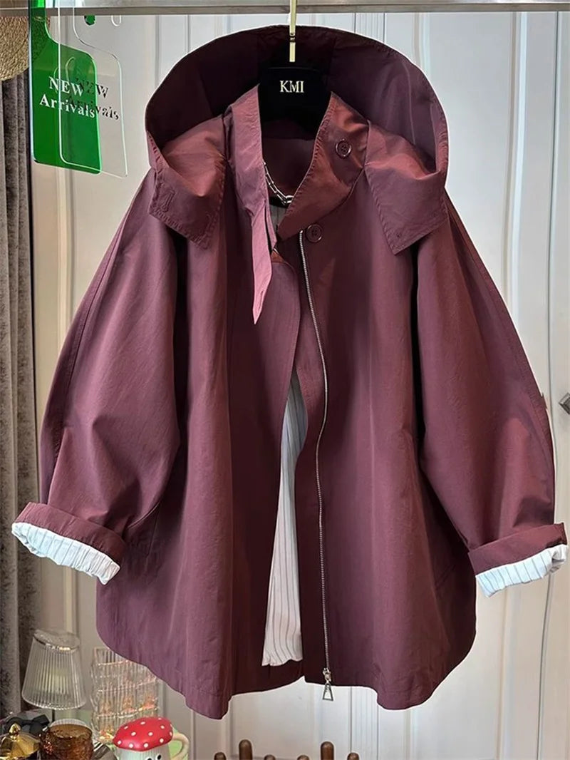 Fem Cotton Trench Coat For Women Casual And Versatile Loose And Slimming Autumn Simple Hooded Long Jacket For Women Windbreaker