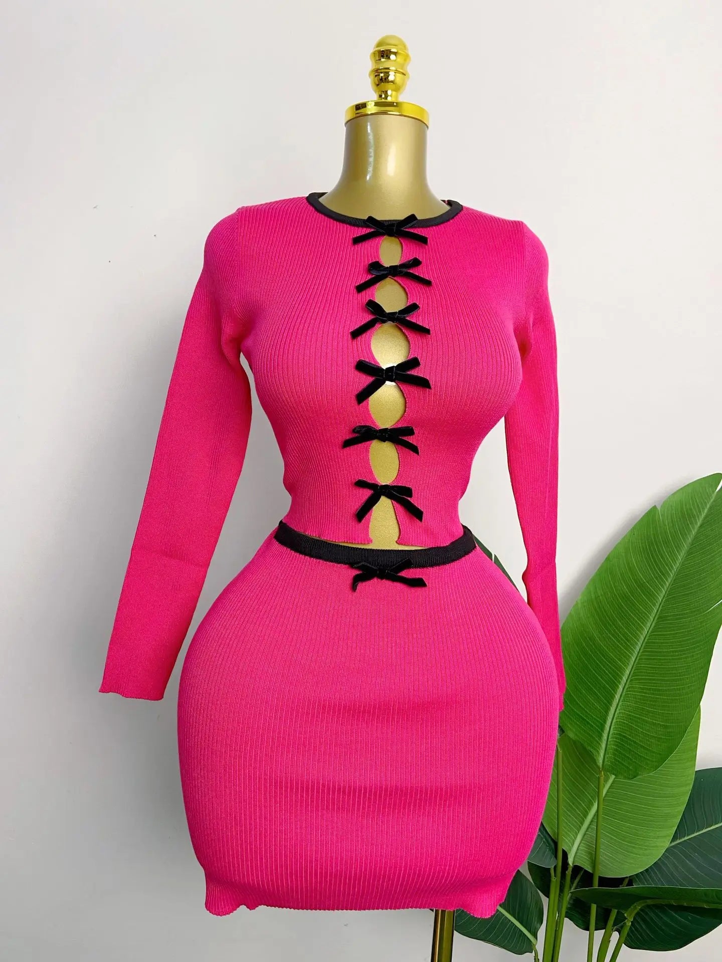 CM.YAYA Knit Ribbed Women's Set Long Sleeve Bowknot Tops and Mini Skirts 2025 Street Party Two 2 Piece Sets Outfits Tracksuits