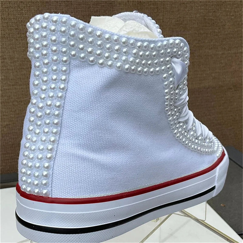 Handmade Pearl Lace High Top Wedding Sneakers for Women