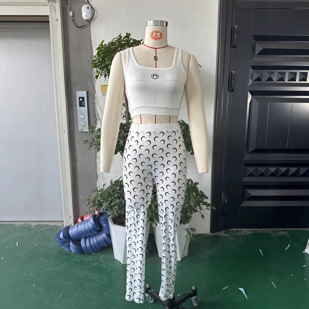 Y2K Crescent Print Slim Fit Two Piece Pants Set for Women