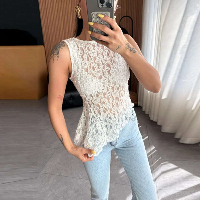 Women's Casual O Neck Sleeveless Irregular Tees 2025 Summer Solid Color Waist Blouses Perspective Lace Slim Fit Club Party Tops