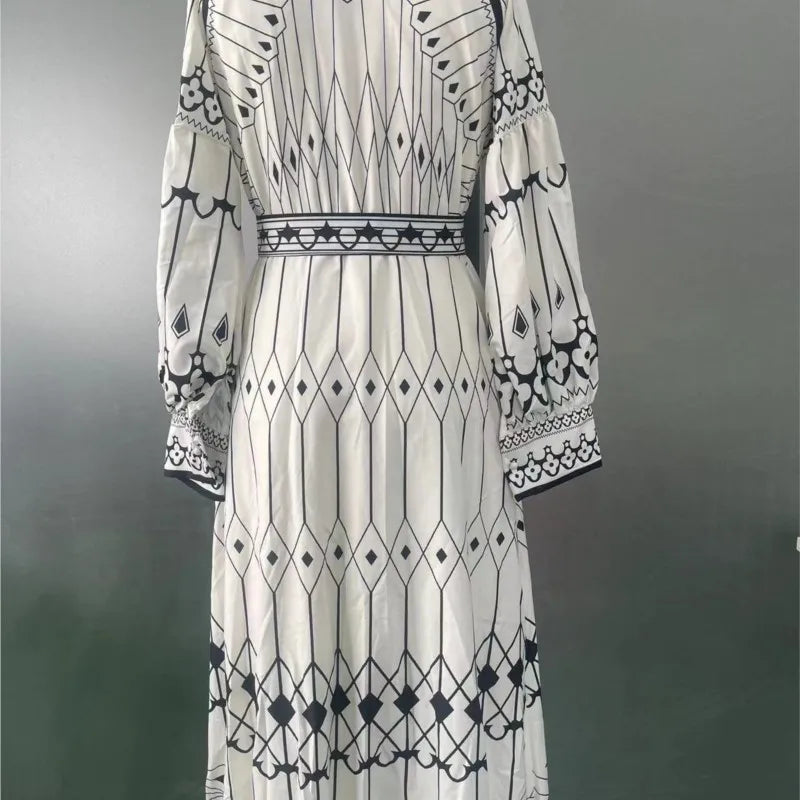 2025 Spring Women Vintage Long Dress Print Sashes Lantern Long sleeve Dresses Female Summer Elegant Fashion Office Lady Clothes