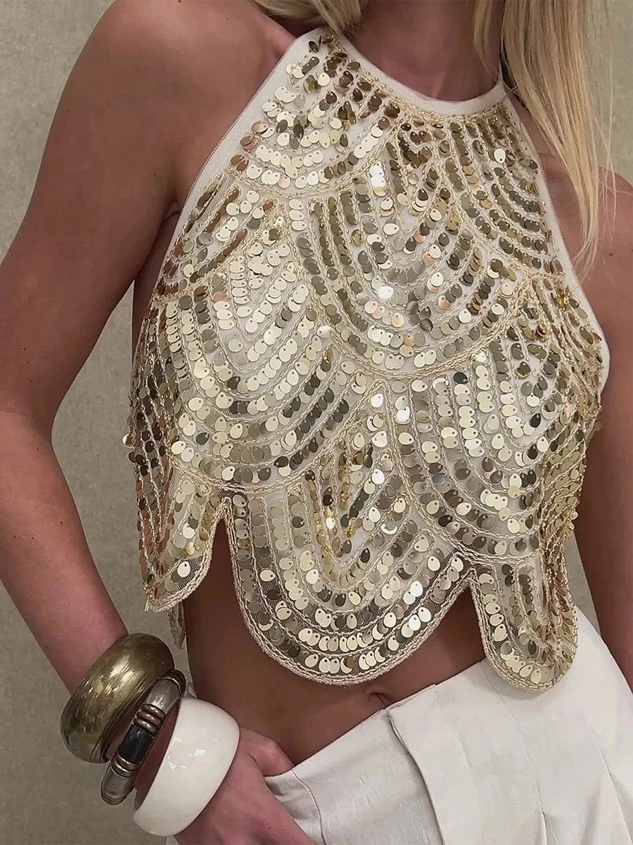 hirigin Womens Halter Sequin Tank Top Backless Tie Up Sexy Sparkly Crop Top Sleeveless Glitter Party Tops Sexy Clubwear