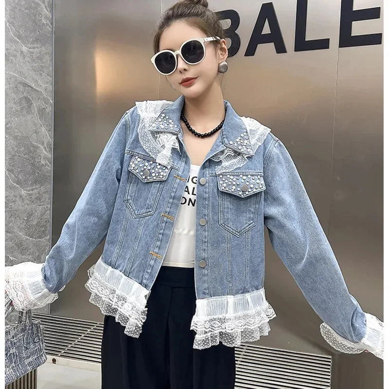 2025 Spring Autumn Women's Nail Bead Short Denim Jacket Female New Korean Version Design Sense Fashionable Lace Edge Jacket Top