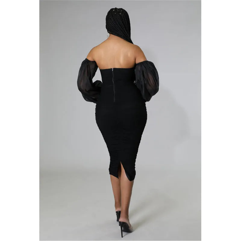 Sexy Off Shoulder Mesh Lantern Sleeve Bodycon Midi Dress for Women Elegant Party Club Night Ruched Formal Pencil Dress Vestidos