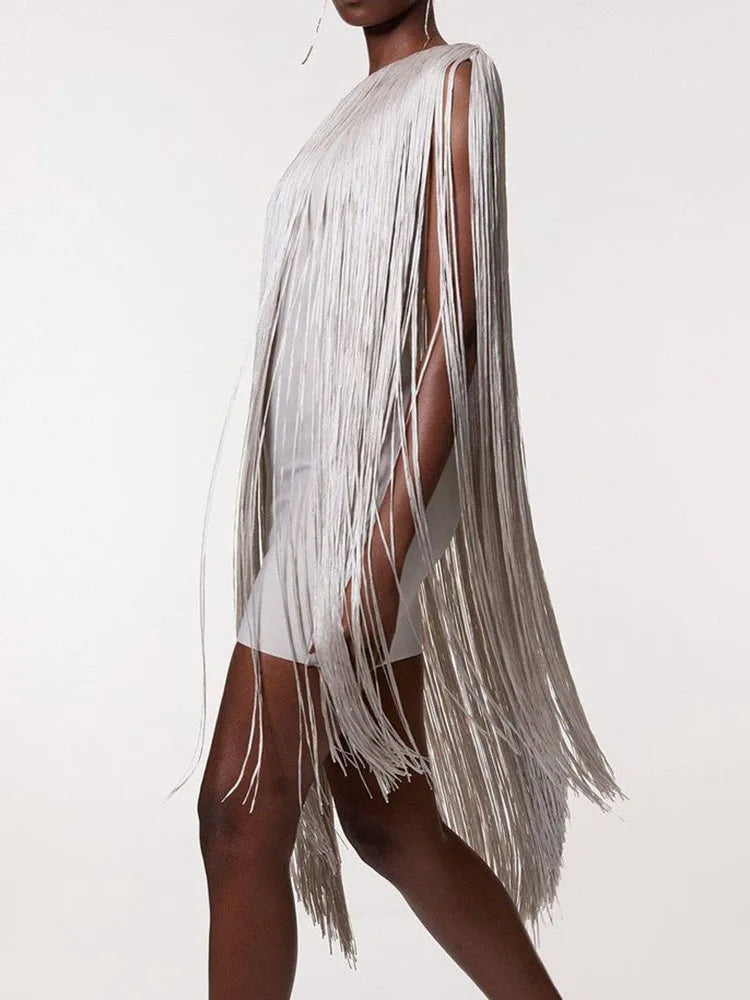 Asymmetric Off Shoulder Slim Tassel Dress Summer Simple Solid Sleeveless Evening Dress Women's Fashion Slanted Neck A-line Dress