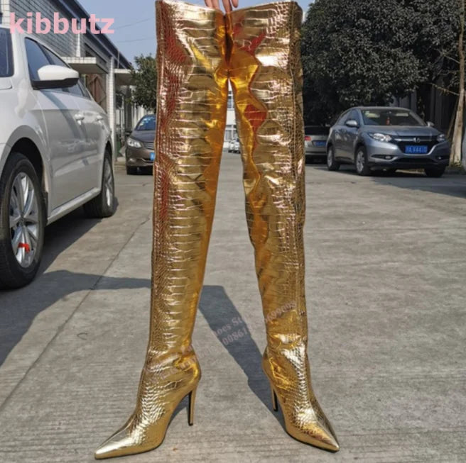 Golden Boots Over The Knee Crocodile Pattern Patent Leather Pointed Toe Thin Heel Nightclub Sexy Fashion Women Shoes 2023 Newest